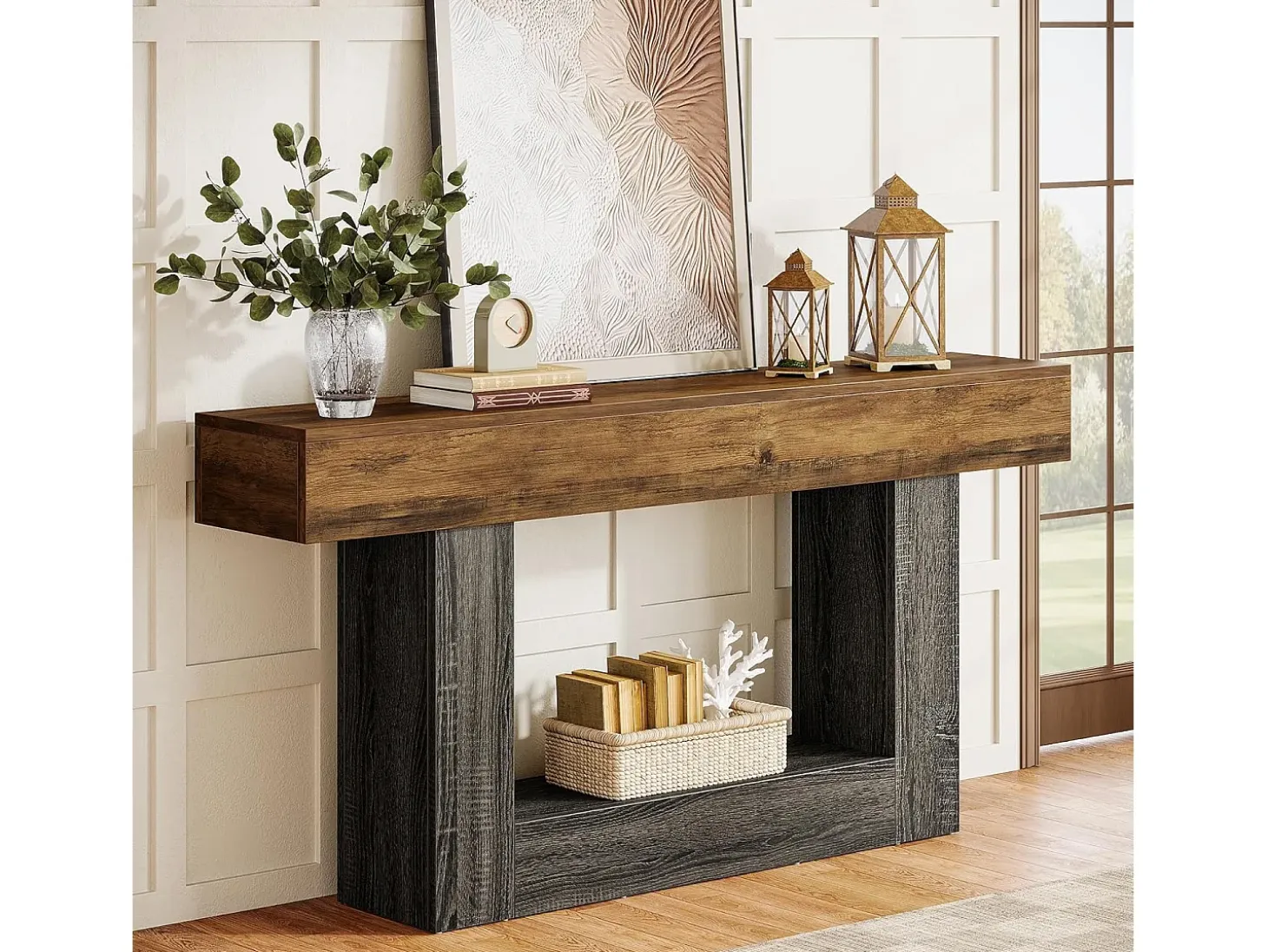 Mesa consola de 160 cm de largo, mesa de entrada de 2 niveles, mesa de sofá con almacenamiento, mesa de sofá de madera de estilo rústico para sala de estar, pasillo