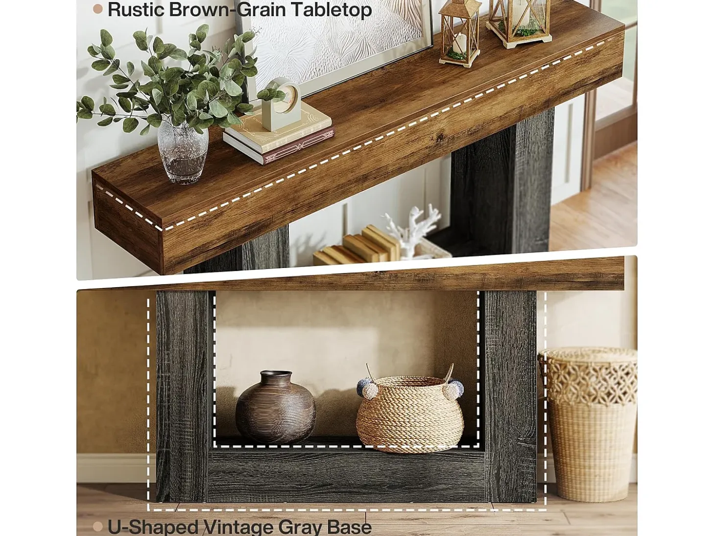 Mesa consola de 160 cm de largo, mesa de entrada de 2 niveles, mesa de sofá con almacenamiento, mesa de sofá de madera de estilo rústico para sala de estar, pasillo