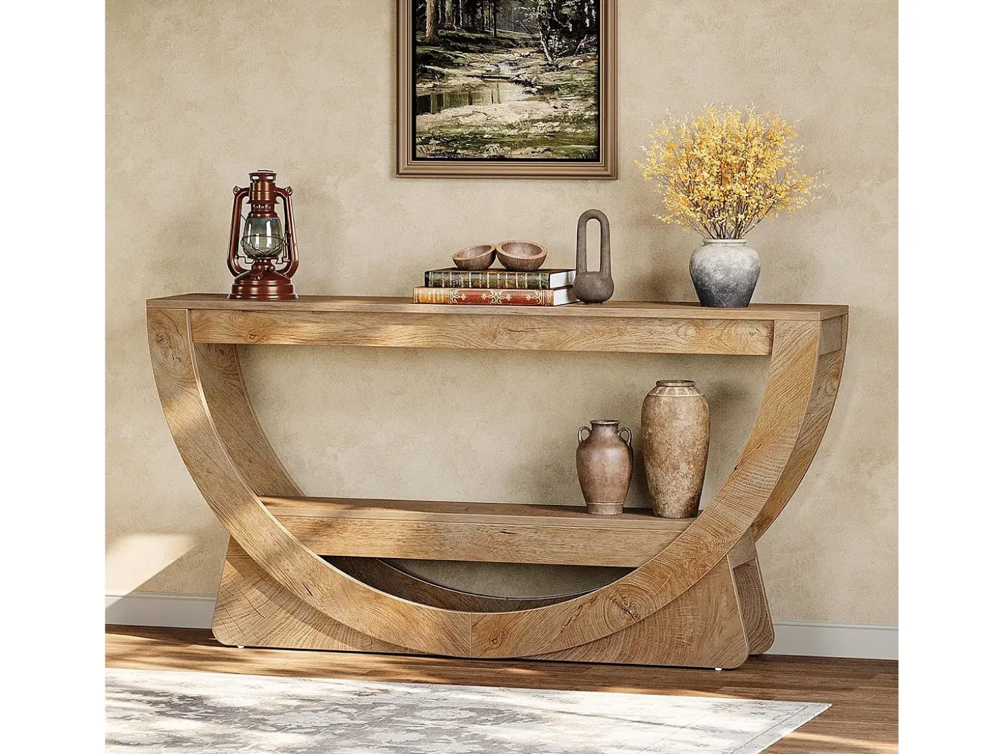 Mesa consola de 160 cm de largo, mesa de entrada estilo campestre con 2 estantes de almacenamiento