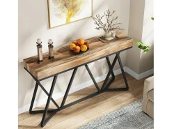 Mesa consola de 140 cm, mesa de entrada de madera con base de metal única, mesa de centro, mesa de vestíbulo, mesa auxiliar industrial para pasillo, sala de estar, entrada