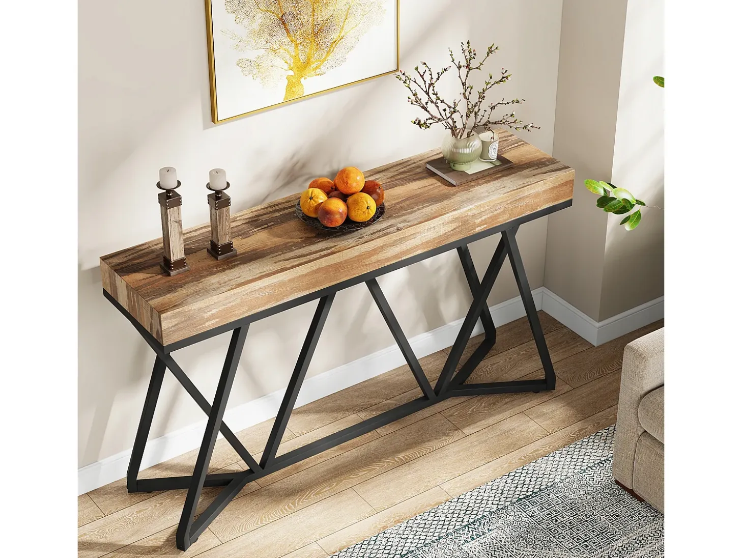Mesa consola de 140 cm, mesa de entrada de madera con base de metal única, mesa de centro, mesa de vestíbulo, mesa auxiliar industrial para pasillo, sala de estar, entrada