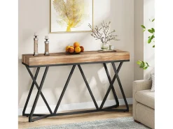 Mesa consola de 140 cm, mesa de entrada de madera con base de metal única, mesa de centro, mesa de vestíbulo, mesa auxiliar industrial para pasillo, sala de estar, entrada