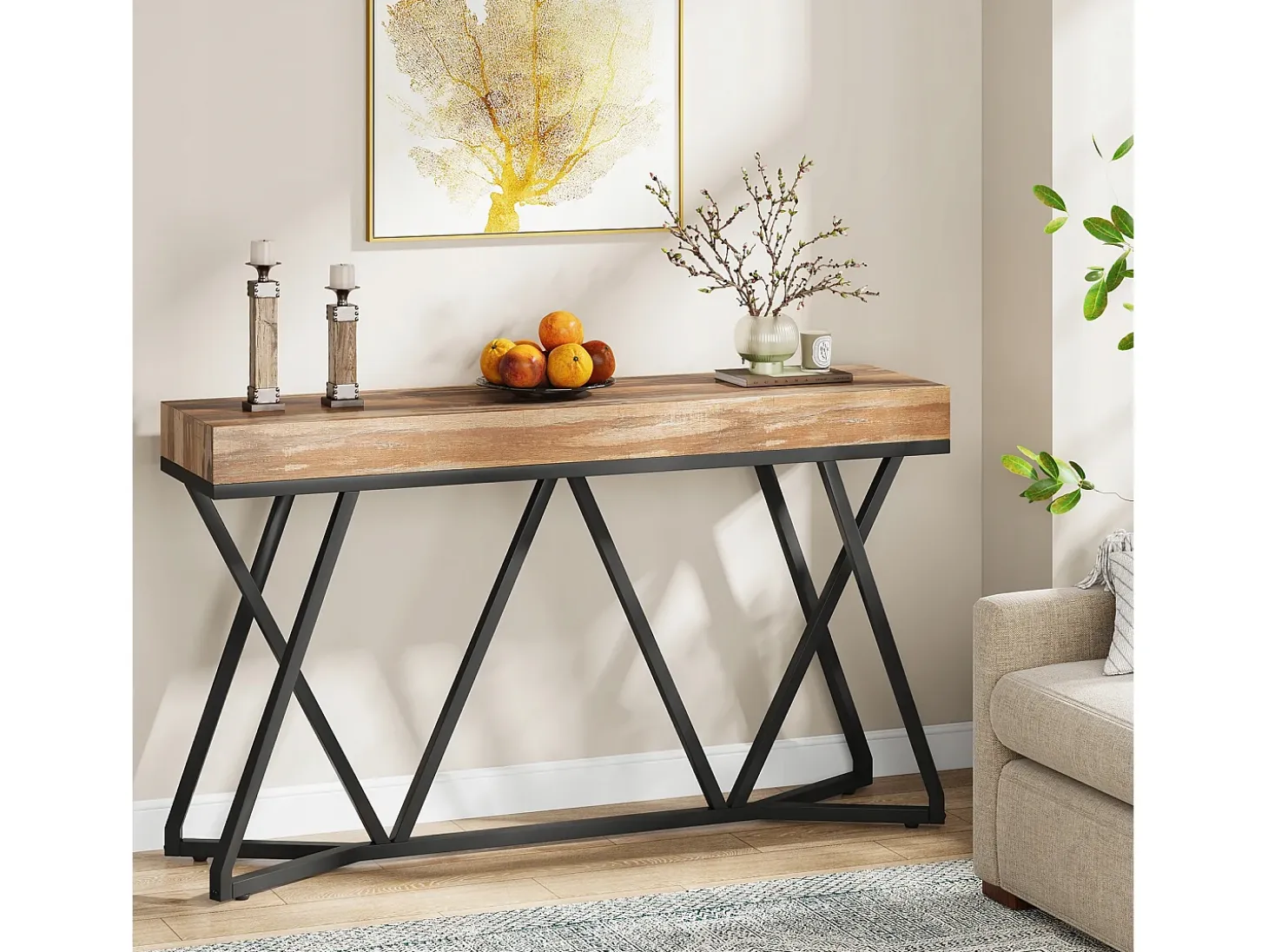 Mesa consola de 140 cm, mesa de entrada de madera con base de metal única, mesa de centro, mesa de vestíbulo, mesa auxiliar industrial para pasillo, sala de estar, entrada