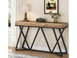 Mesa consola de 140 cm, mesa de entrada de madera con base de metal única, mesa de centro, mesa de vestíbulo, mesa auxiliar industrial para pasillo, sala de estar, entrada