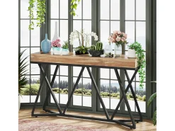 Mesa consola de 140 cm, mesa de entrada de madera con base de metal única, mesa de centro, mesa de vestíbulo, mesa auxiliar industrial para pasillo, sala de estar, entrada
