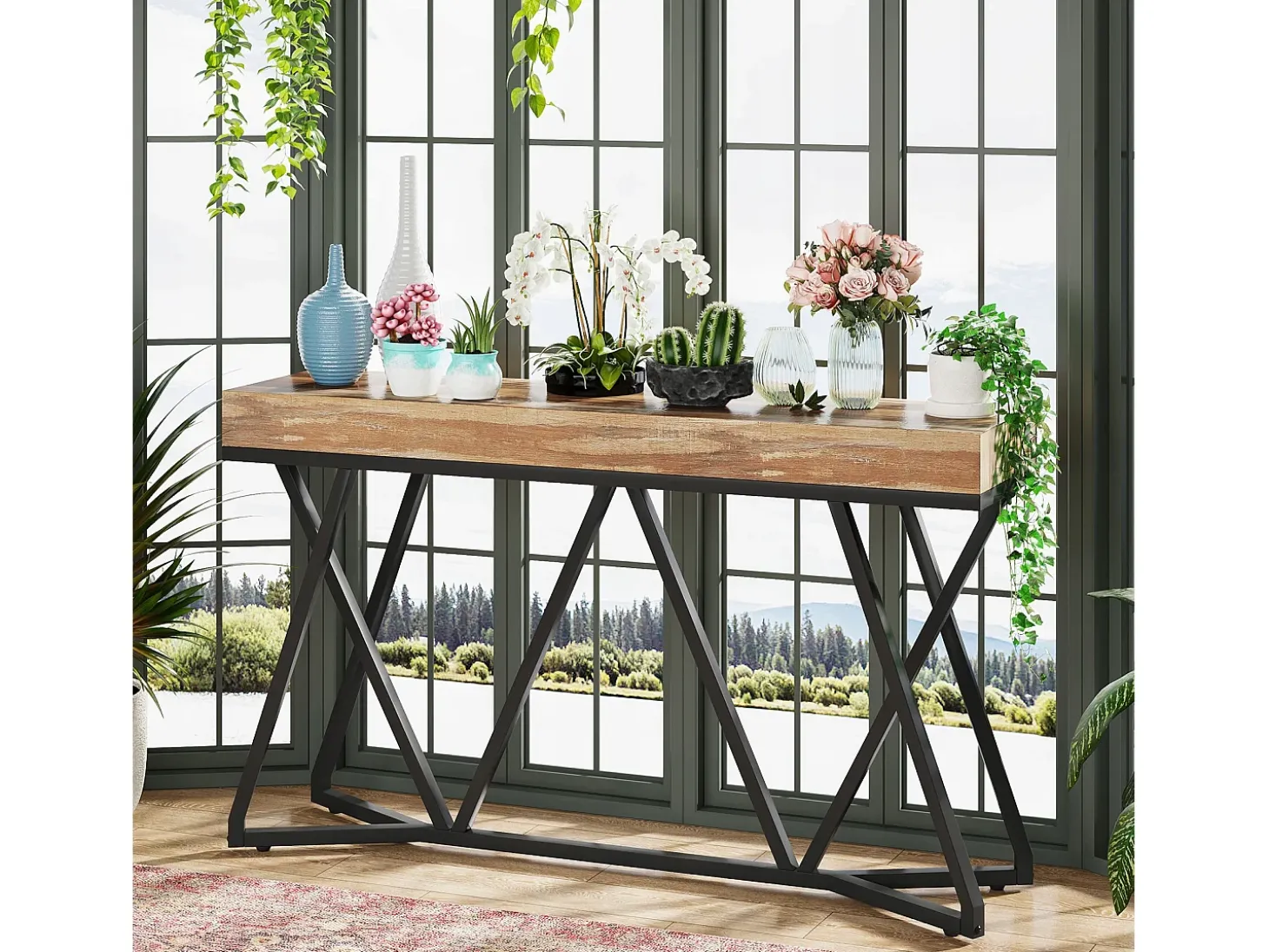 Mesa consola de 140 cm, mesa de entrada de madera con base de metal única, mesa de centro, mesa de vestíbulo, mesa auxiliar industrial para pasillo, sala de estar, entrada