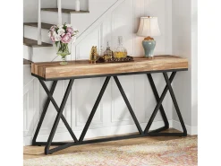 Mesa consola de 140 cm, mesa de entrada de madera con base de metal única, mesa de centro, mesa de vestíbulo, mesa auxiliar industrial para pasillo, sala de estar, entrada