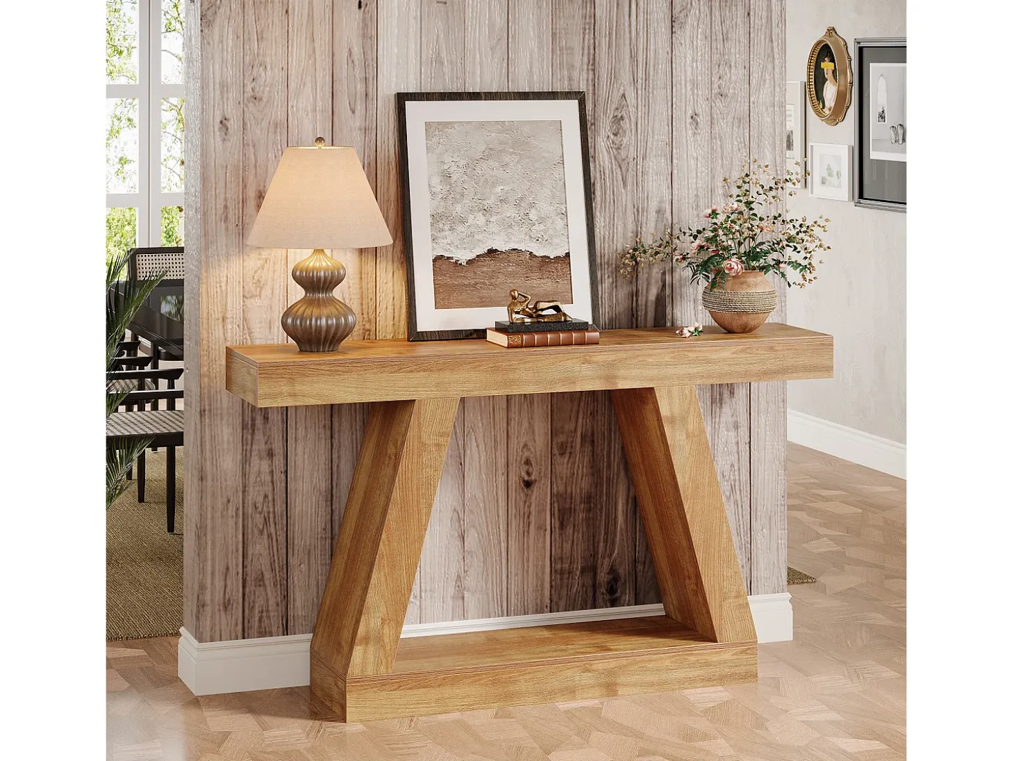 Mesa consola de casa de campo, mesa de sofá rústica de 140 cm con almacenamiento, marrón natural