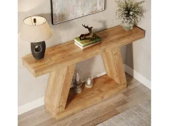 Mesa consola de casa de campo, mesa de sofá rústica de 140 cm con almacenamiento, marrón natural
