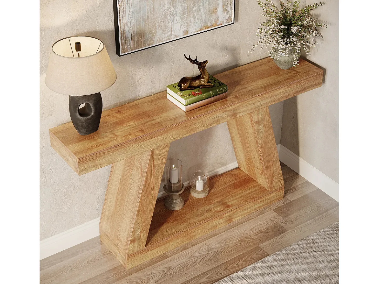 Mesa consola de casa de campo, mesa de sofá rústica de 140 cm con almacenamiento, marrón natural
