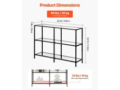 Mesa Consola de Cristal SucceBuy de 3 Niveles, Mesita Auxiliar con Tablero de Cristal Templado, Patas de Hierro y Dispositivo Antivuelco, Negra