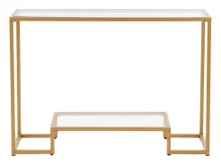 Mesa Consola de Cristal SucceBuy de 2 Niveles, Mesita Auxiliar con Tablero de Cristal Templado, Patas de Hierro y Dispositivo Antivuelco, Dorada