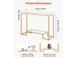 Mesa Consola de Cristal SucceBuy de 2 Niveles, Mesita Auxiliar con Tablero de Cristal Templado, Patas de Hierro y Dispositivo Antivuelco, Dorada