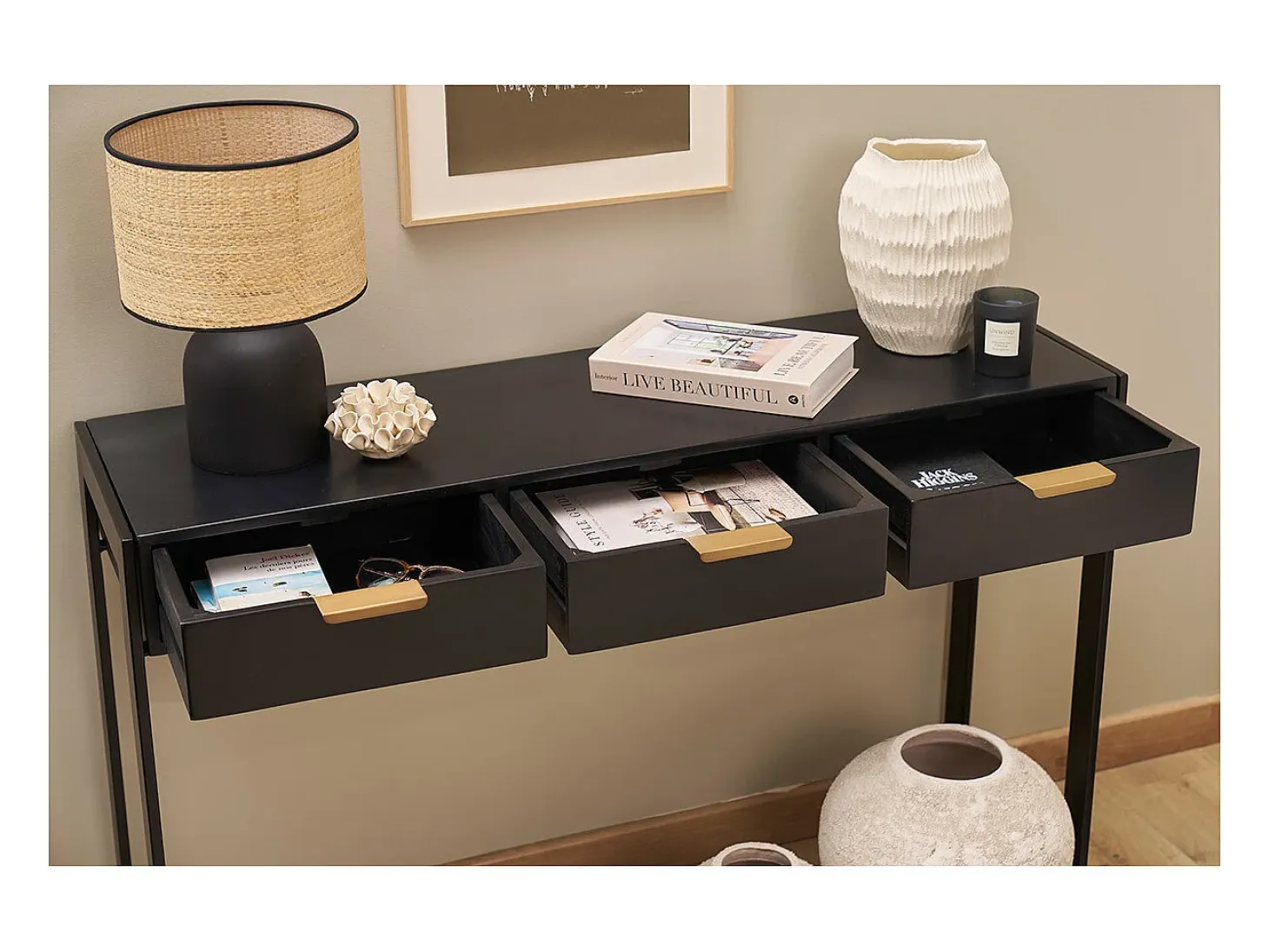 Mesa consola de diseño con cajones negros y dorados 115 cm AVIDAN