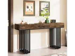 Mesa consola de entrada, consola de entrada, mesa de entrada con elegante marco de metal de estilo industrial, mesa consola de madera para sala de estar, entrada, pasillo (140 cm, marrón)