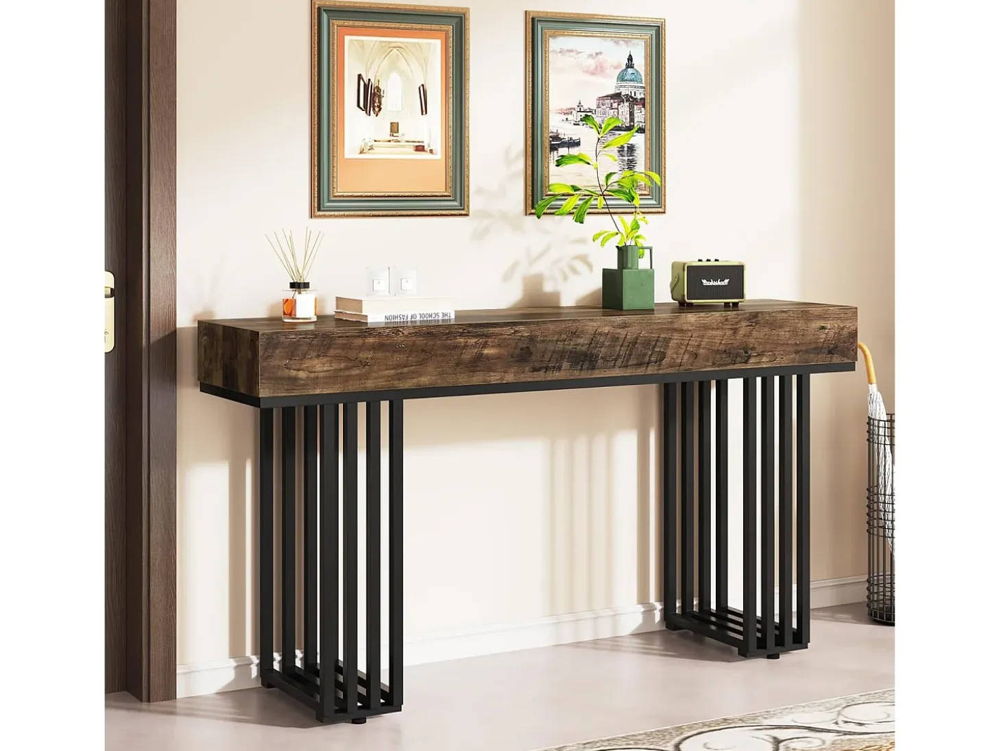 Mesa consola de entrada, consola de entrada, mesa de entrada con elegante marco de metal de estilo industrial, mesa consola de madera para sala de estar, entrada, pasillo (140 cm, marrón)