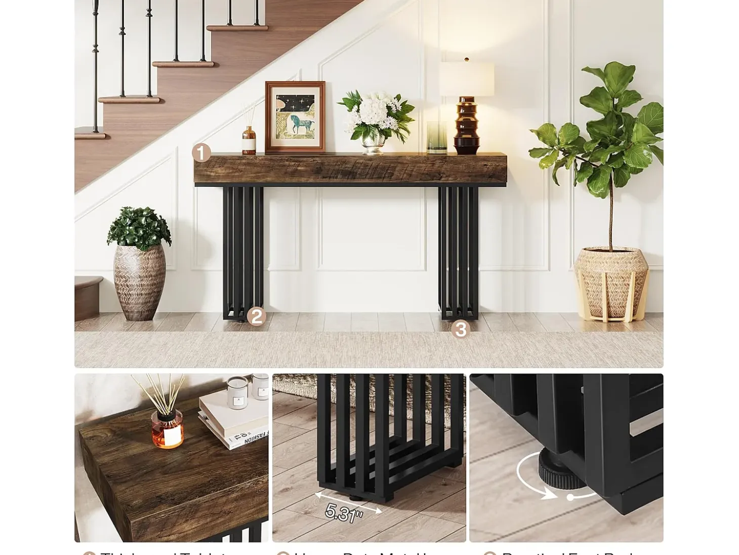 Mesa consola de entrada, consola de entrada, mesa de entrada con elegante marco de metal de estilo industrial, mesa consola de madera para sala de estar, entrada, pasillo (140 cm, marrón)