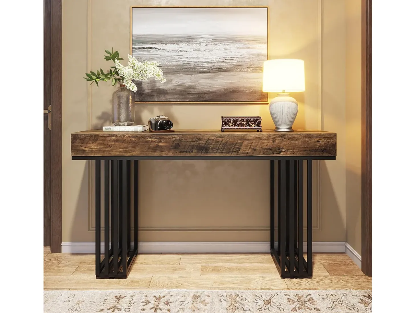 Mesa consola de entrada, consola de entrada, mesa de entrada con elegante marco de metal de estilo industrial, mesa consola de madera para sala de estar, entrada, pasillo (140 cm, marrón)