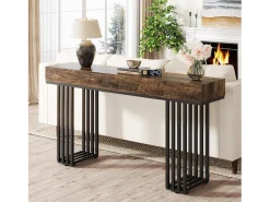 Mesa consola de entrada, consola de entrada, mesa de entrada con elegante marco de metal de estilo industrial, mesa consola de madera para sala de estar, entrada, pasillo (140 cm, marrón)