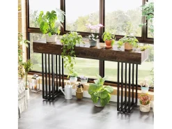 Mesa consola de entrada, consola de entrada, mesa de entrada con elegante marco de metal de estilo industrial, mesa consola de madera para sala de estar, entrada, pasillo (140 cm, marrón)