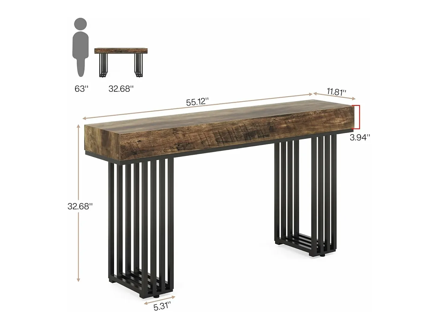 Mesa consola de entrada, consola de entrada, mesa de entrada con elegante marco de metal de estilo industrial, mesa consola de madera para sala de estar, entrada, pasillo (140 cm, marrón)