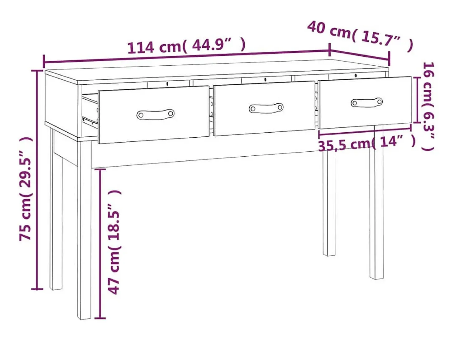 Mesa consola de madera maciza de pino gris 114x40x75 cm