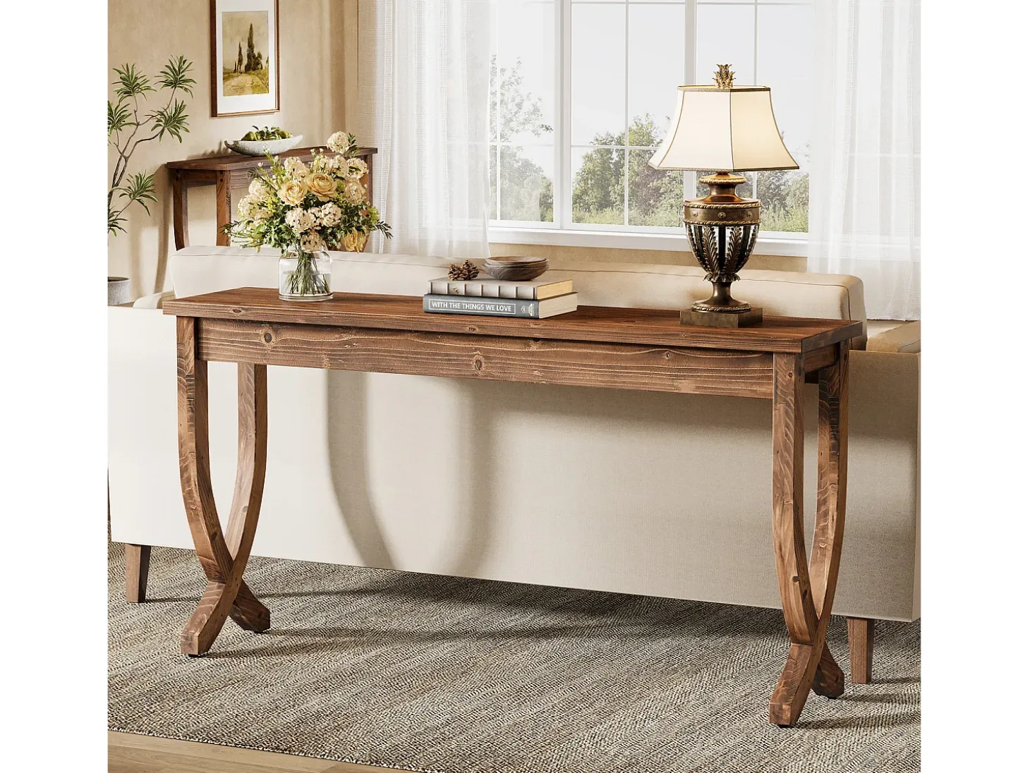 Mesa consola de madera maciza de 160 cm, mesa de entrada de estilo campestre, larga mesa de sofá