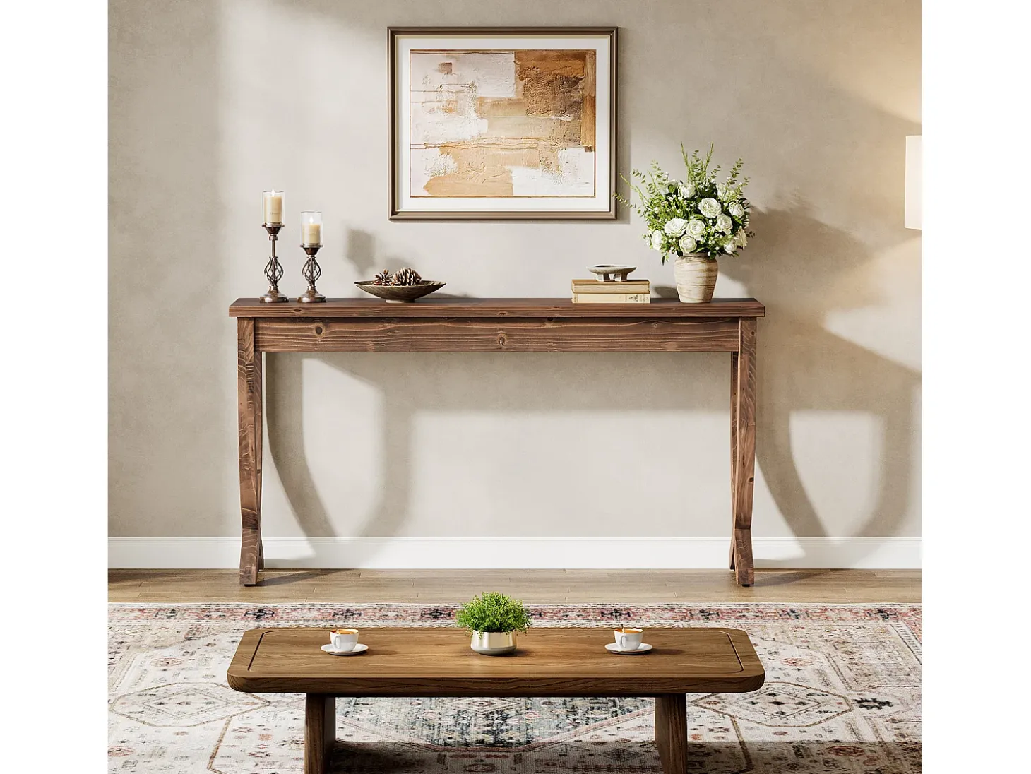 Mesa consola de madera maciza de 160 cm, mesa de entrada de estilo campestre, larga mesa de sofá