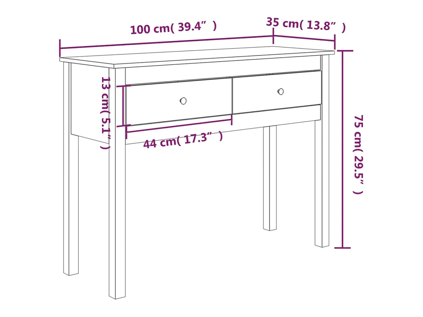 Mesa consola de madera maciza de pino marrón miel 100x35x75 cm