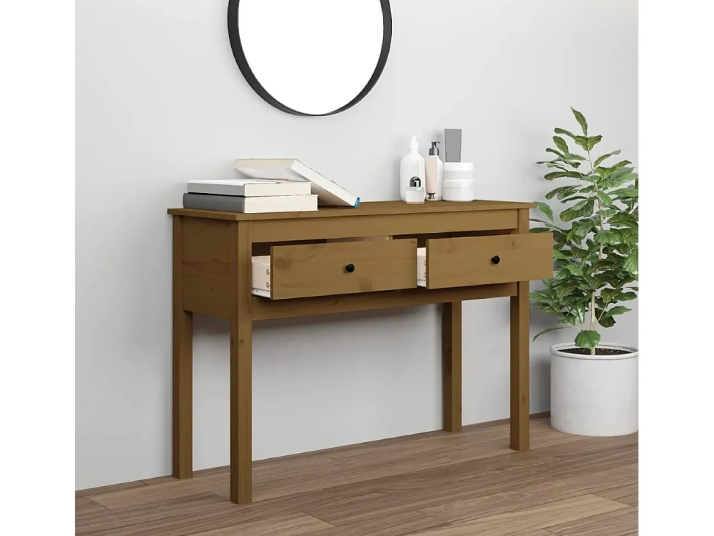 Mesa consola de madera maciza de pino marrón miel 100x35x75 cm