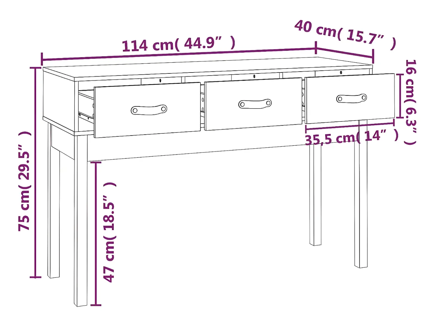 Mesa consola de madera maciza de pino gris 114x40x75 cm