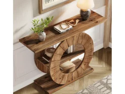 Mesa consola de madera maciza con almacenamiento, mesa de sofá rústica con 3 estantes y base circular tallada
