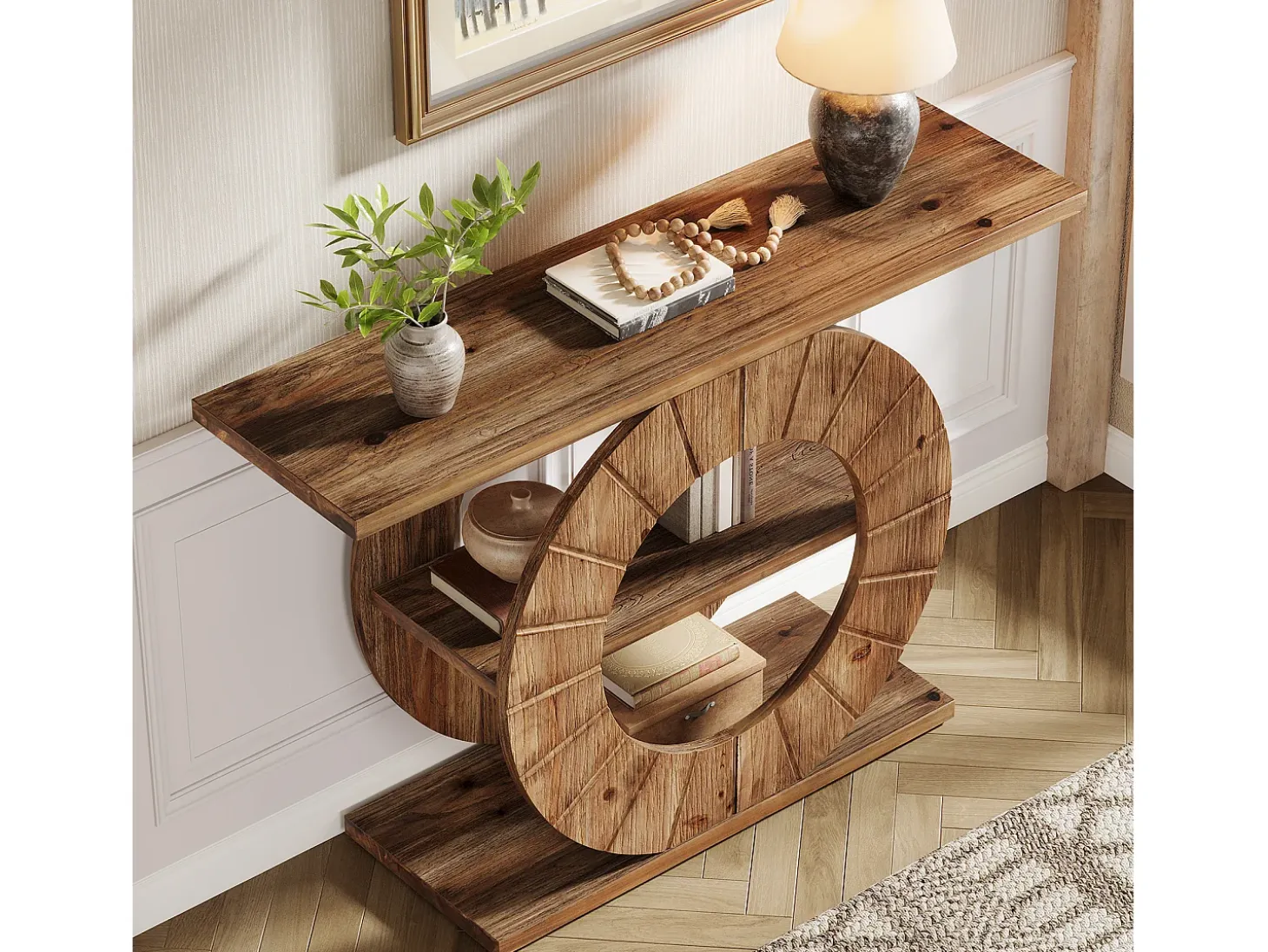 Mesa consola de madera maciza con almacenamiento, mesa de sofá rústica con 3 estantes y base circular tallada