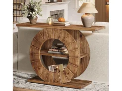 Mesa consola de madera maciza con almacenamiento, mesa de sofá rústica con 3 estantes y base circular tallada