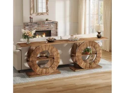 Mesa consola de madera maciza con almacenamiento, mesa de sofá rústica con 3 estantes y base circular tallada