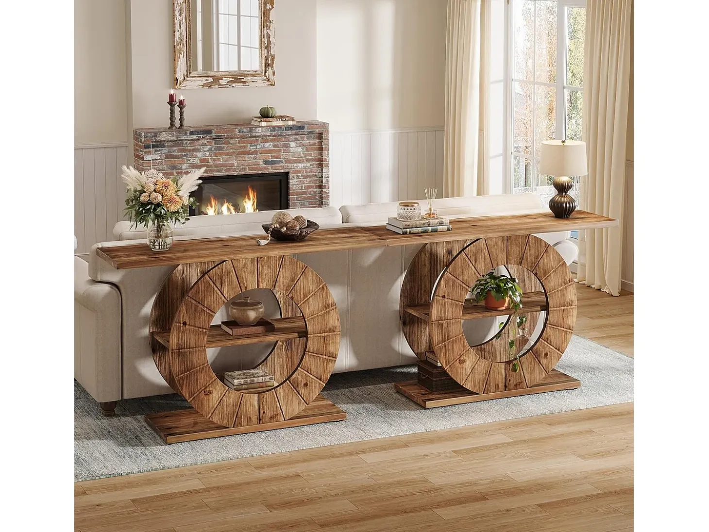 Mesa consola de madera maciza con almacenamiento, mesa de sofá rústica con 3 estantes y base circular tallada