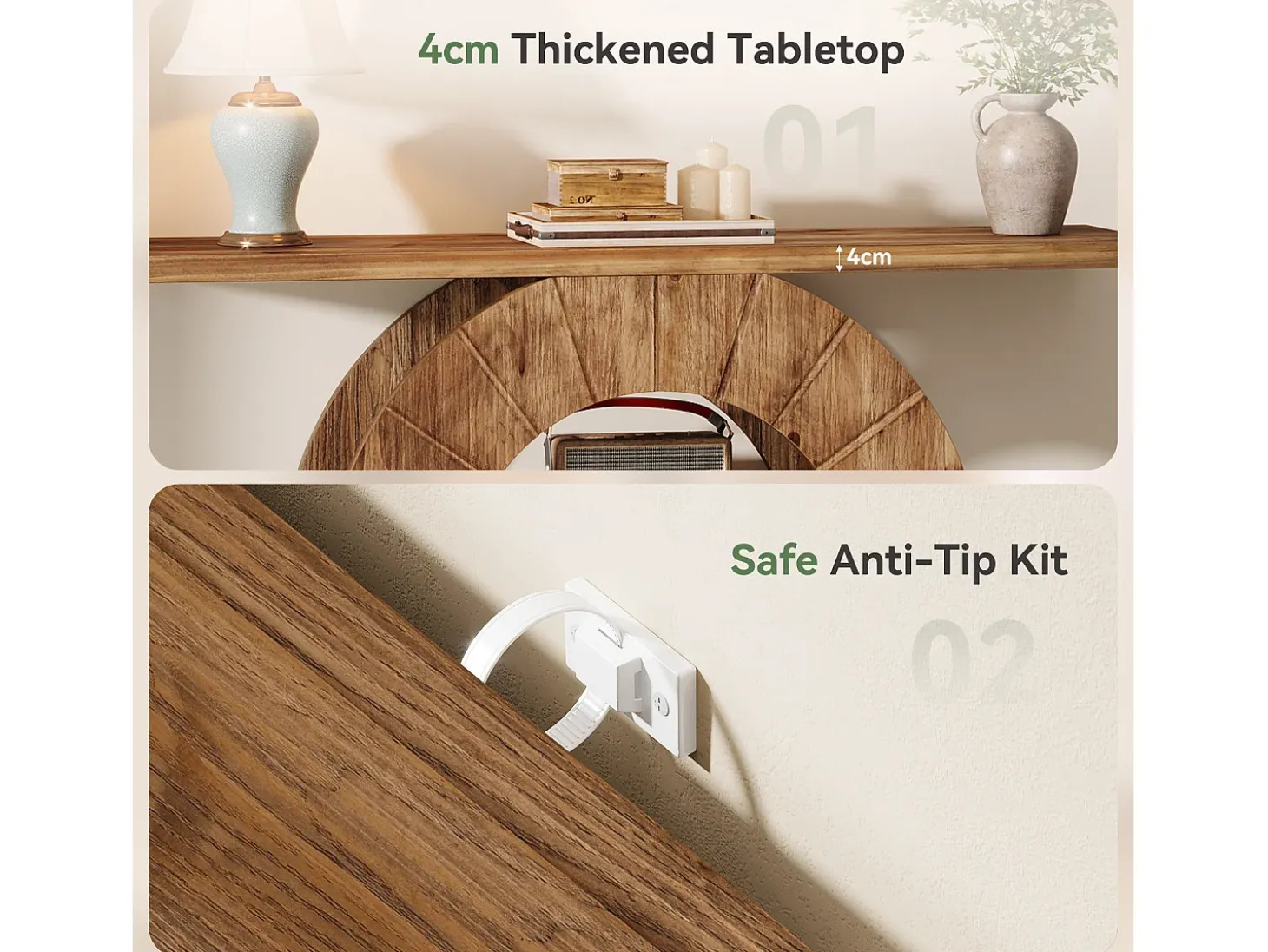 Mesa consola de madera maciza con almacenamiento, mesa de sofá rústica con 3 estantes y base circular tallada