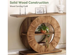 Mesa consola de madera maciza con almacenamiento, mesa de sofá rústica con 3 estantes y base circular tallada