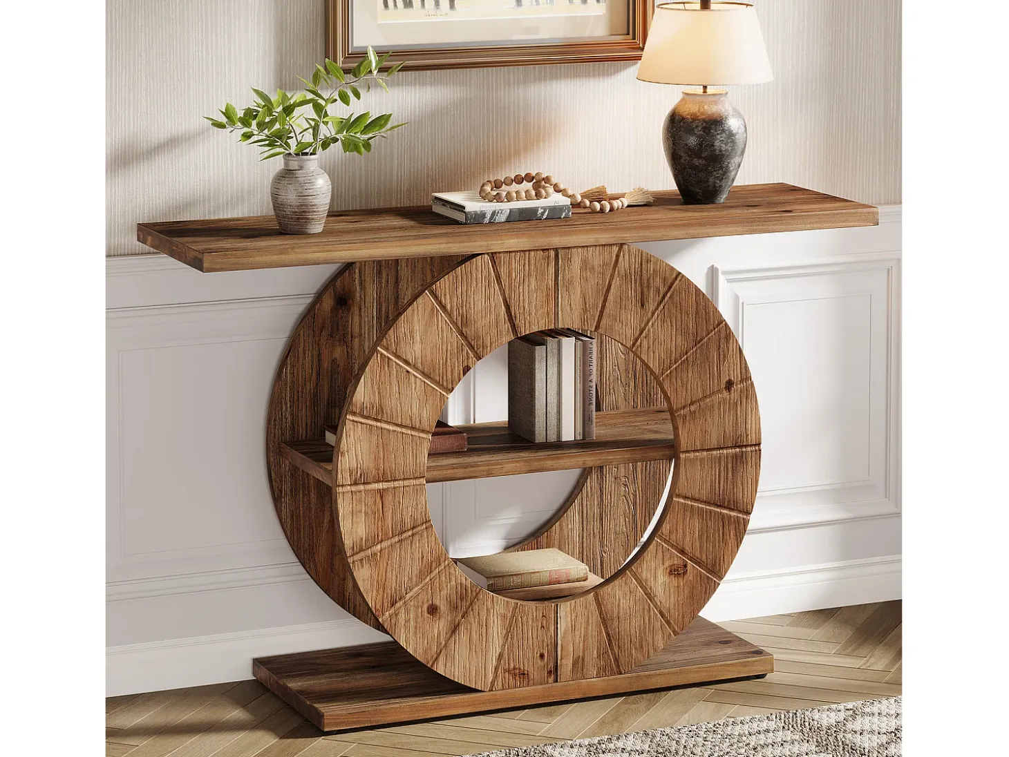 Mesa consola de madera maciza con almacenamiento, mesa de sofá rústica con 3 estantes y base circular tallada