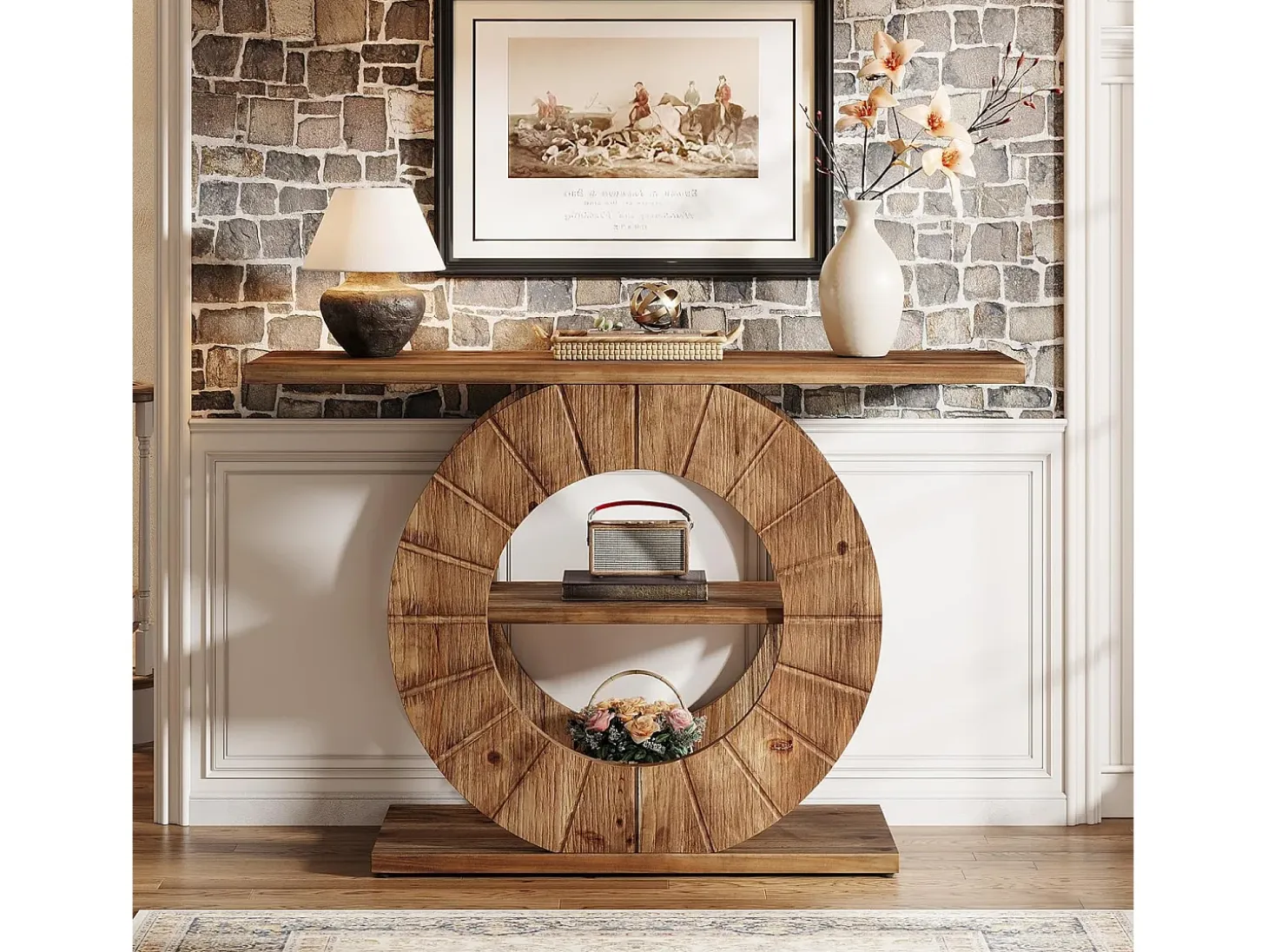 Mesa consola de madera maciza con almacenamiento, mesa de sofá rústica con 3 estantes y base circular tallada