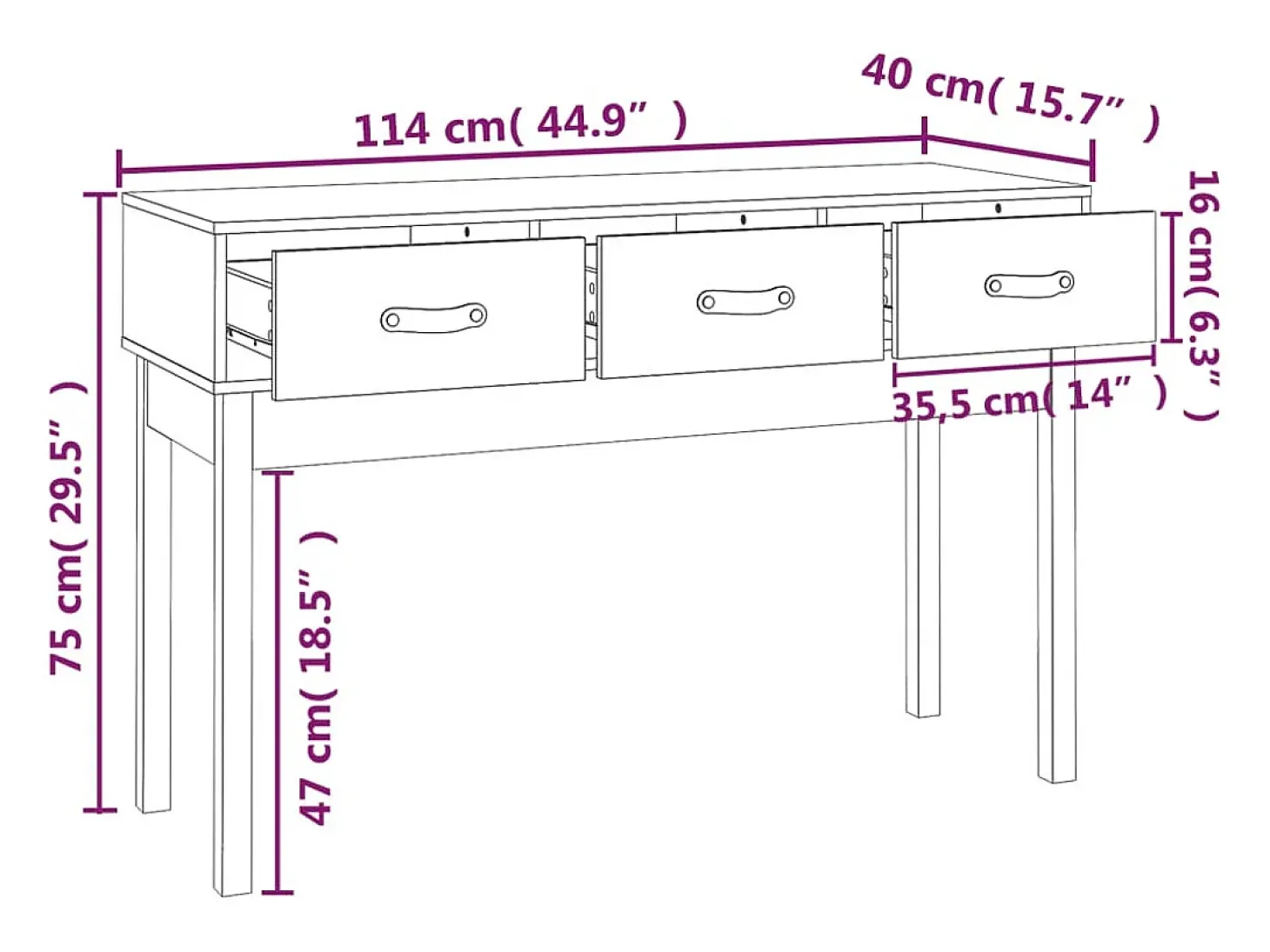 Mesa consola de madera maciza de pino marrón miel 114x40x75 cm