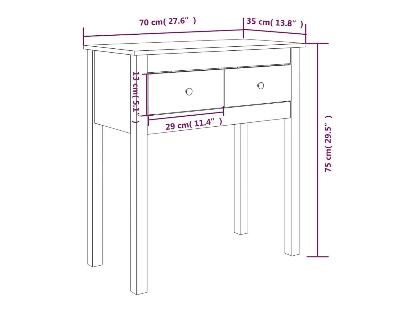 Mesa consola de madera maciza de pino marrón miel 70x35x75 cm