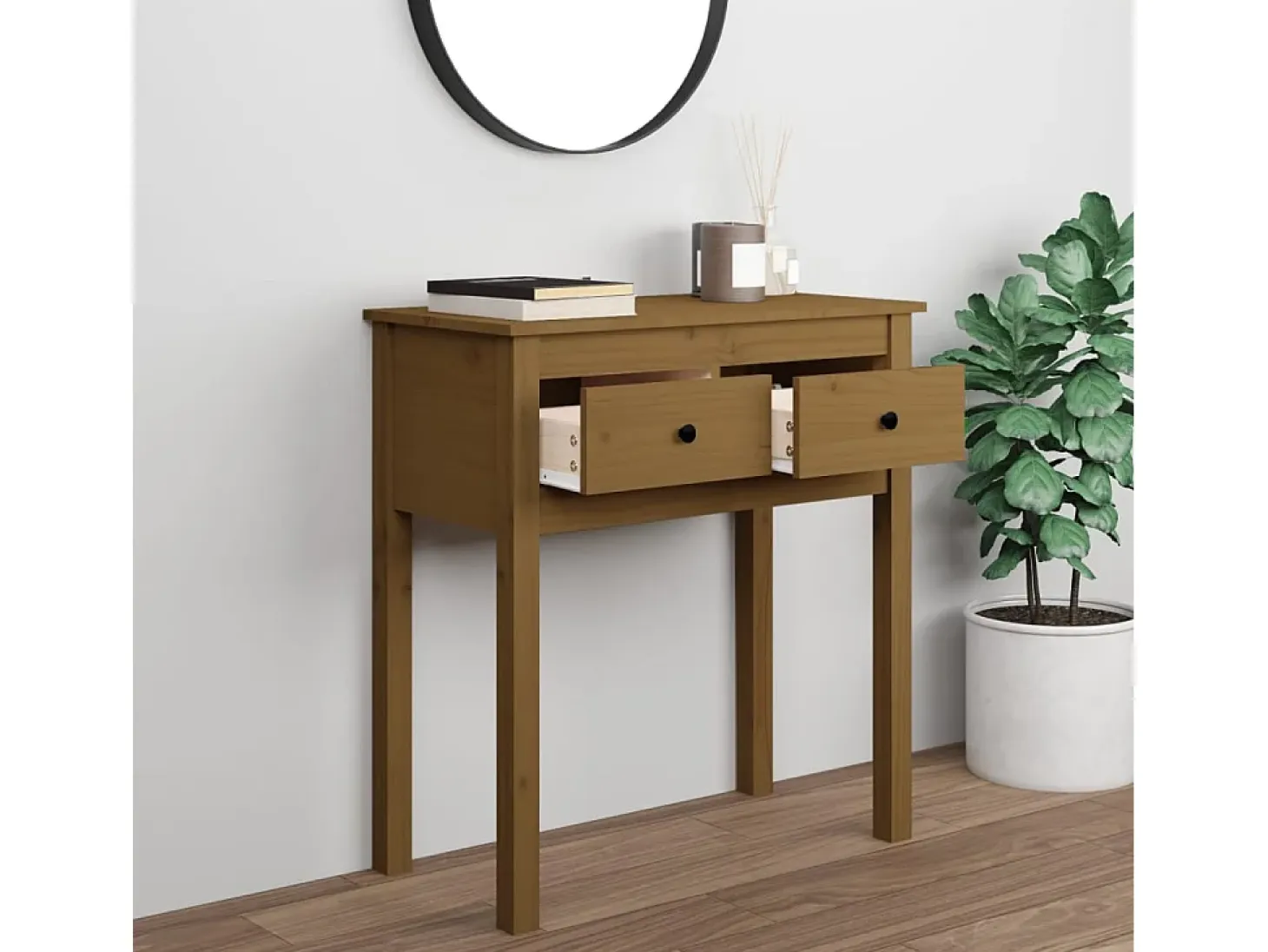 Mesa consola de madera maciza de pino marrón miel 70x35x75 cm