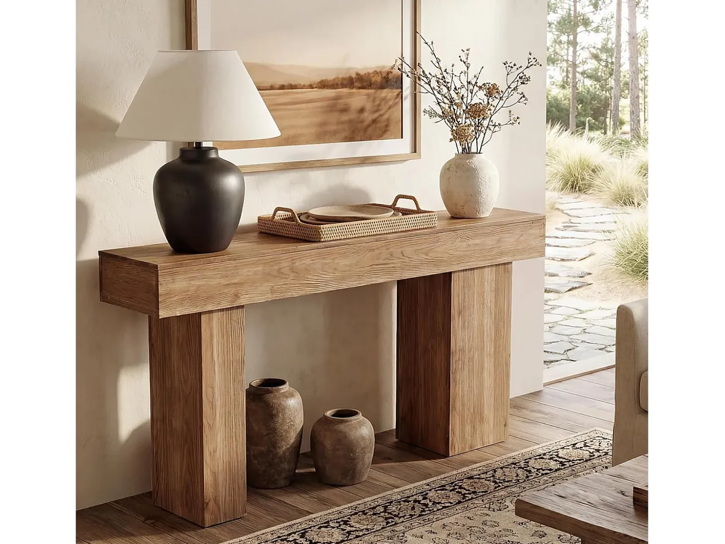 Mesa consola de madera maciza, mesa de sofá rústica de 160 cm detrás del sofá con patas artísticas