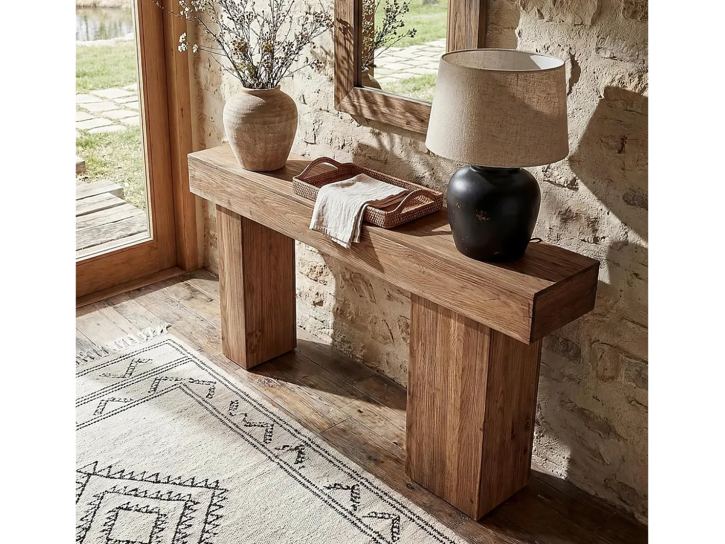 Mesa consola de madera maciza, mesa de sofá rústica de 160 cm detrás del sofá con patas artísticas