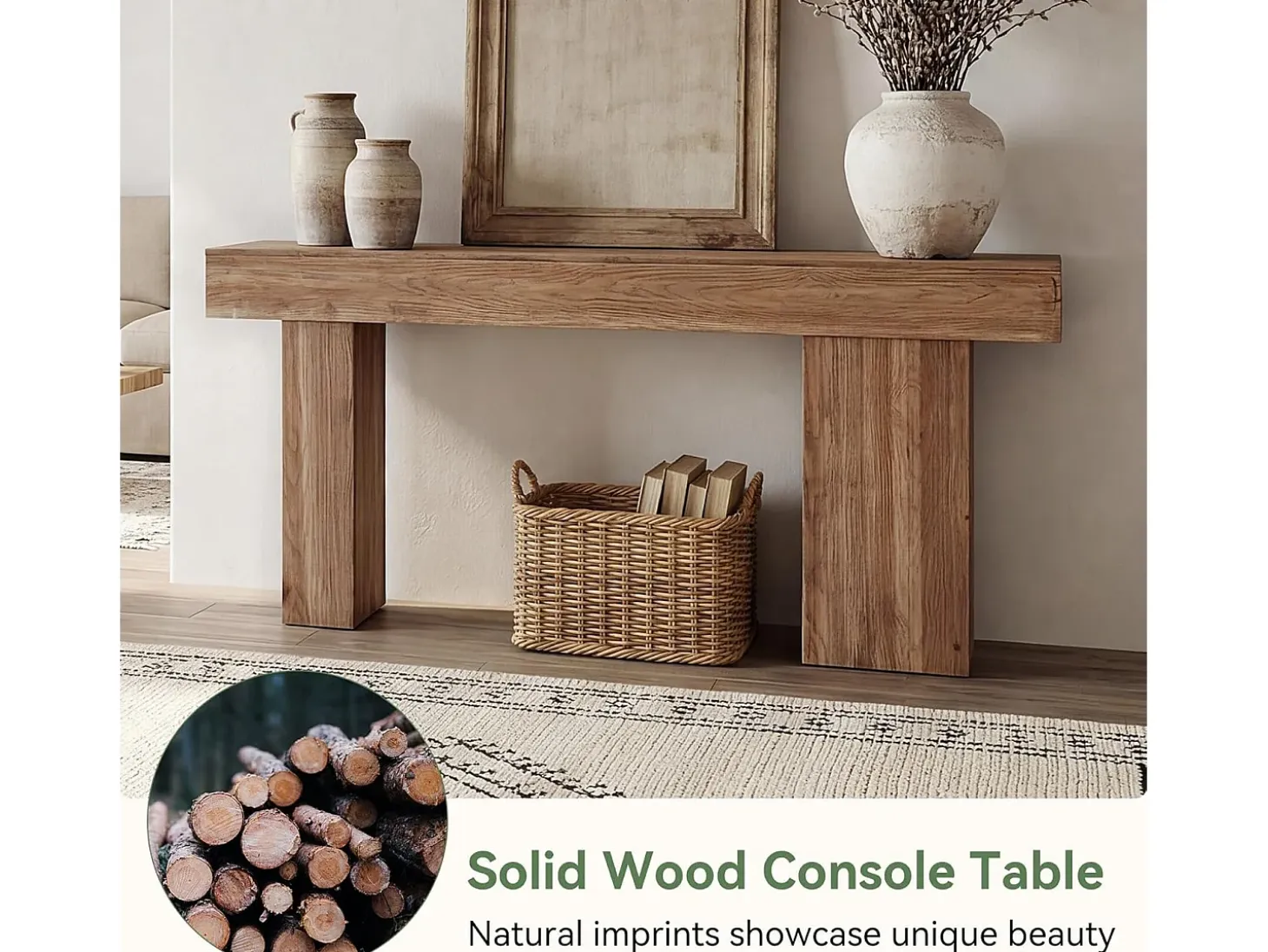 Mesa consola de madera maciza, mesa de sofá rústica de 160 cm detrás del sofá con patas artísticas