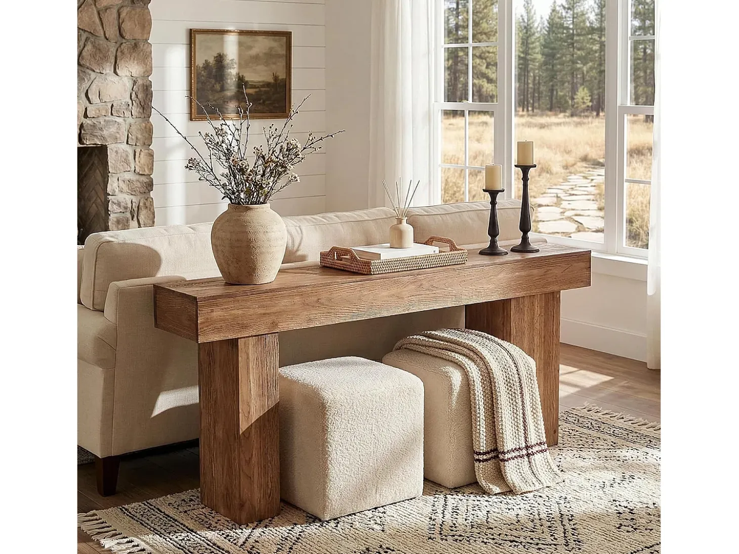 Mesa consola de madera maciza, mesa de sofá rústica de 160 cm detrás del sofá con patas artísticas