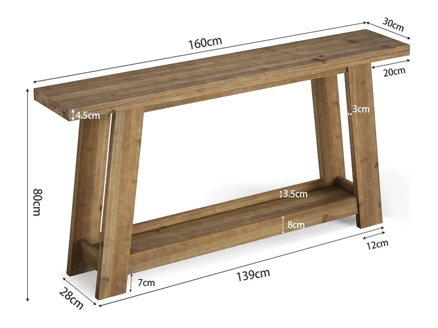 Mesa consola de madera maciza de 160 cm, mesa de entrada estilo casa de campo con estante de 2 niveles