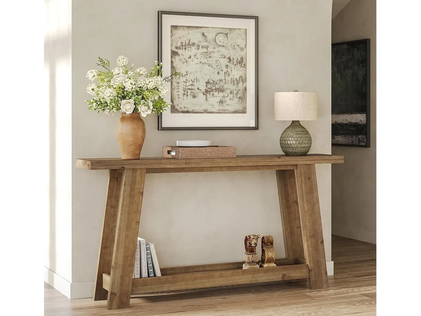 Mesa consola de madera maciza de 160 cm, mesa de entrada estilo casa de campo con estante de 2 niveles