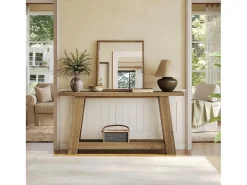 Mesa consola de madera maciza de 160 cm, mesa de entrada estilo casa de campo con estante de 2 niveles